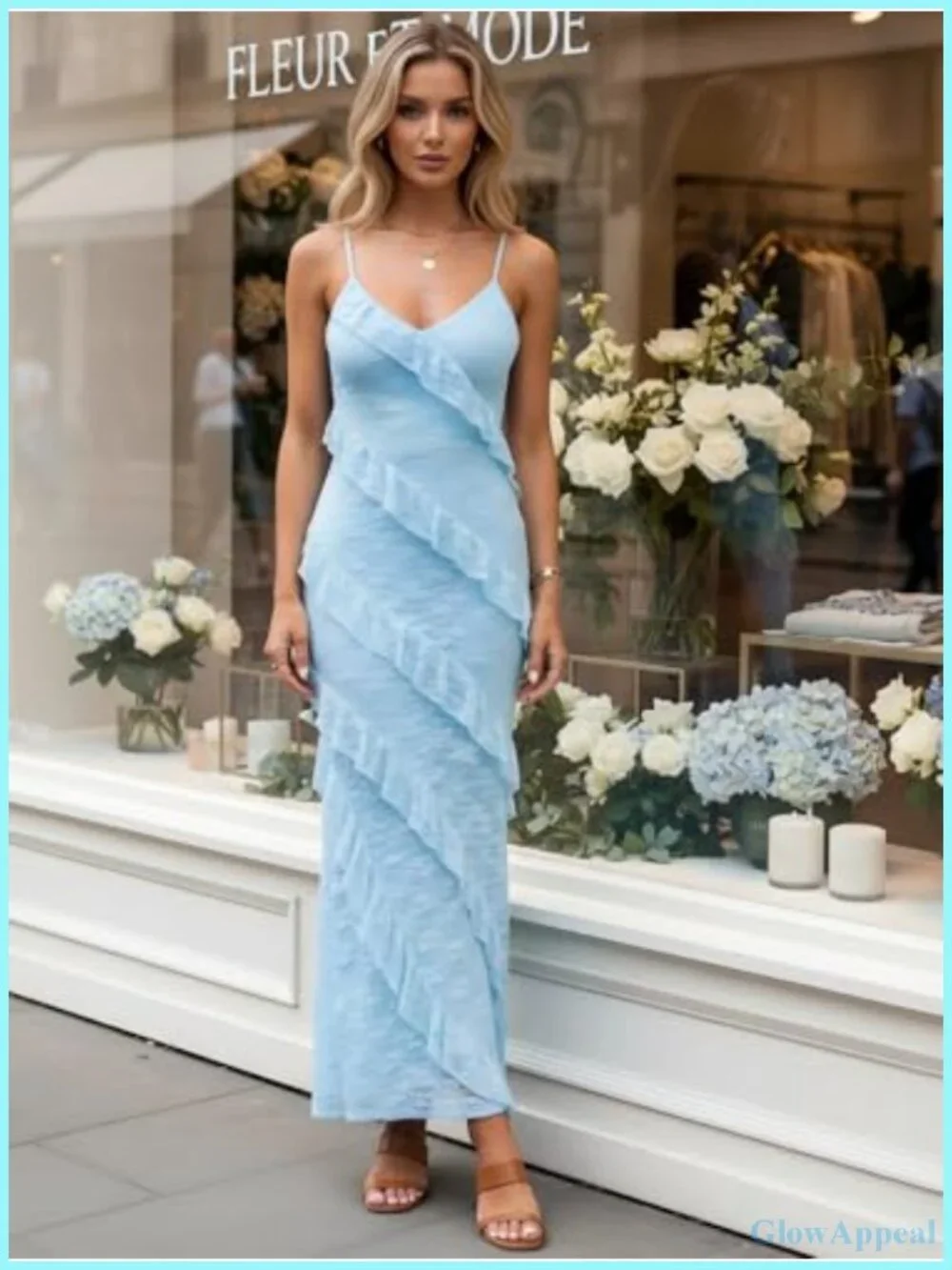 V Neck Floral Lace Bodycon Maxi Dress Ruffle Party